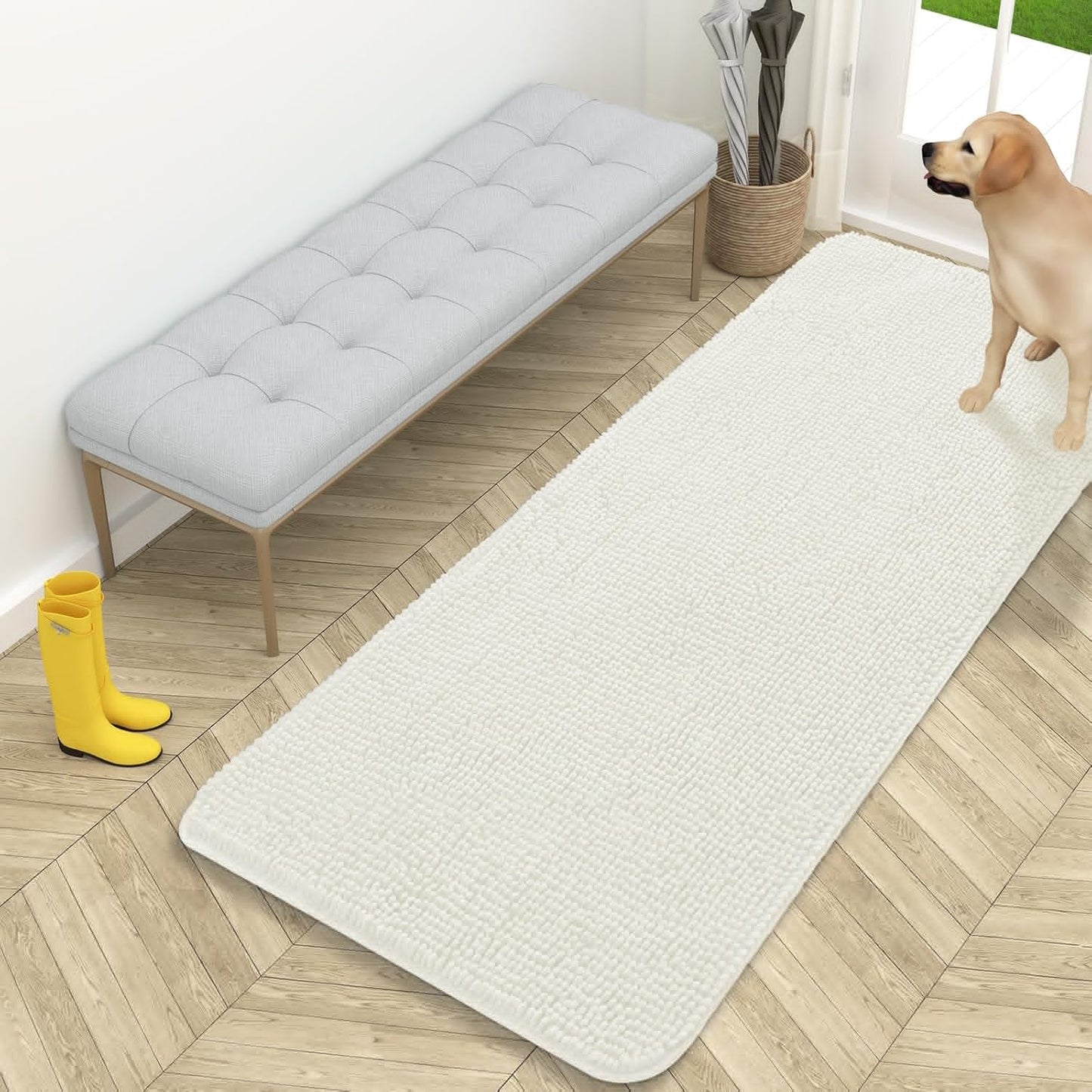 OLANLY Dog Door Mat - Absorbent Non-Slip Chenille Mat for Muddy Paws | 59x24 Inches, Ivory