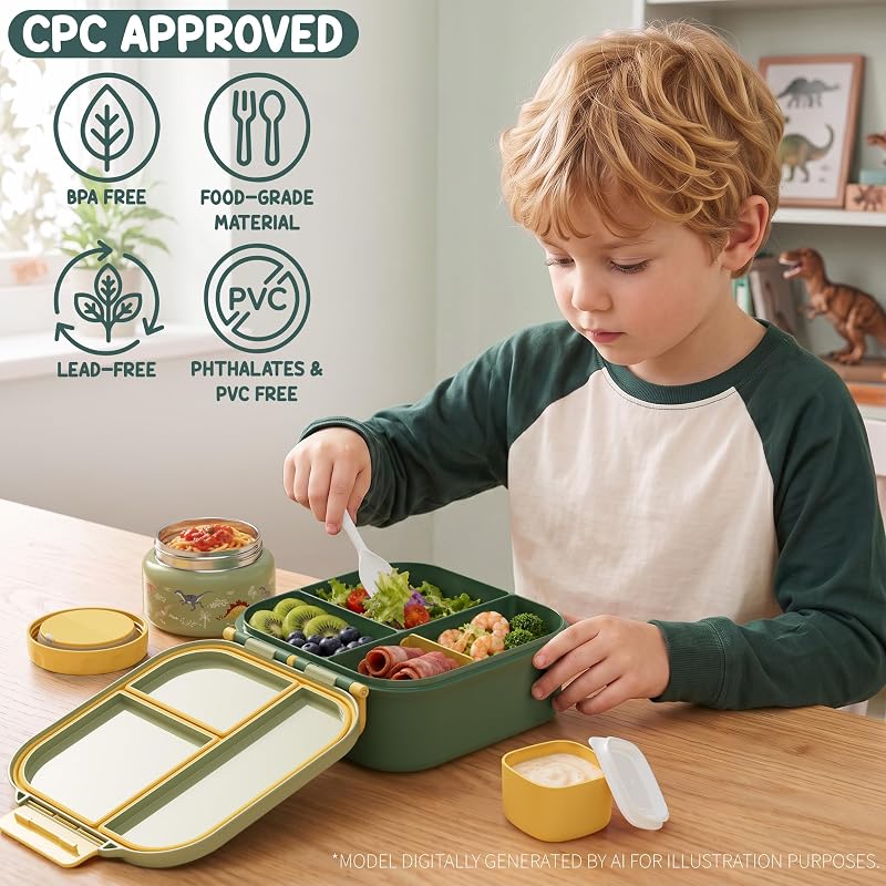 Fimibuke Kids Bento Lunch Box Set with Insulated Bottle, Bag & Utensils - Dinosaur Variation