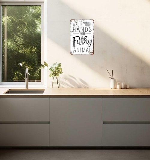 Funny Bathroom Wall Decor - 'Wash Your Hands You Filthy Animal' Metal Sign | 8x12 Inches Humor Gift
