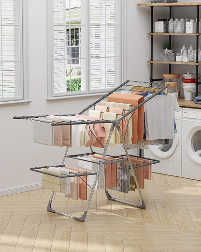 Sakugi Clothes Drying Rack - Foldable 2-Level Design with Height-Adjustable Wings | Space-Saving Indoor & Outdoor Use, Gray 55.5" L × 22.8" W
