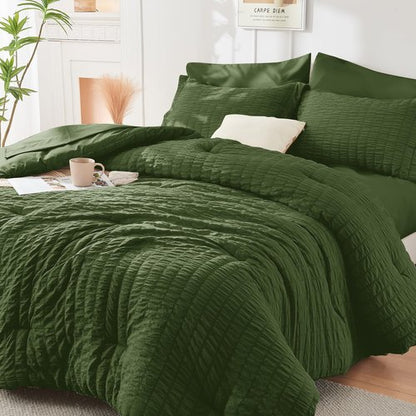 HYMOKEGE Olive Green Twin XL Comforter Set Seersucker 5 Pieces, All Season Luxury Bed in a Bag for Bedroom, Bedding Set with Comforter, Sheets, Pillowcase & Sham