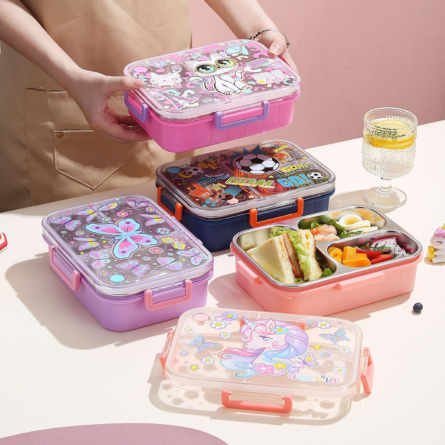 YOYTOO Stainless Steel Bento Lunch Box for Kids, 800ml/27oz BPA-Free Leak-Proof Children Food Containers with 3 Compartments, School Students Daycare Lunches/Snack Container