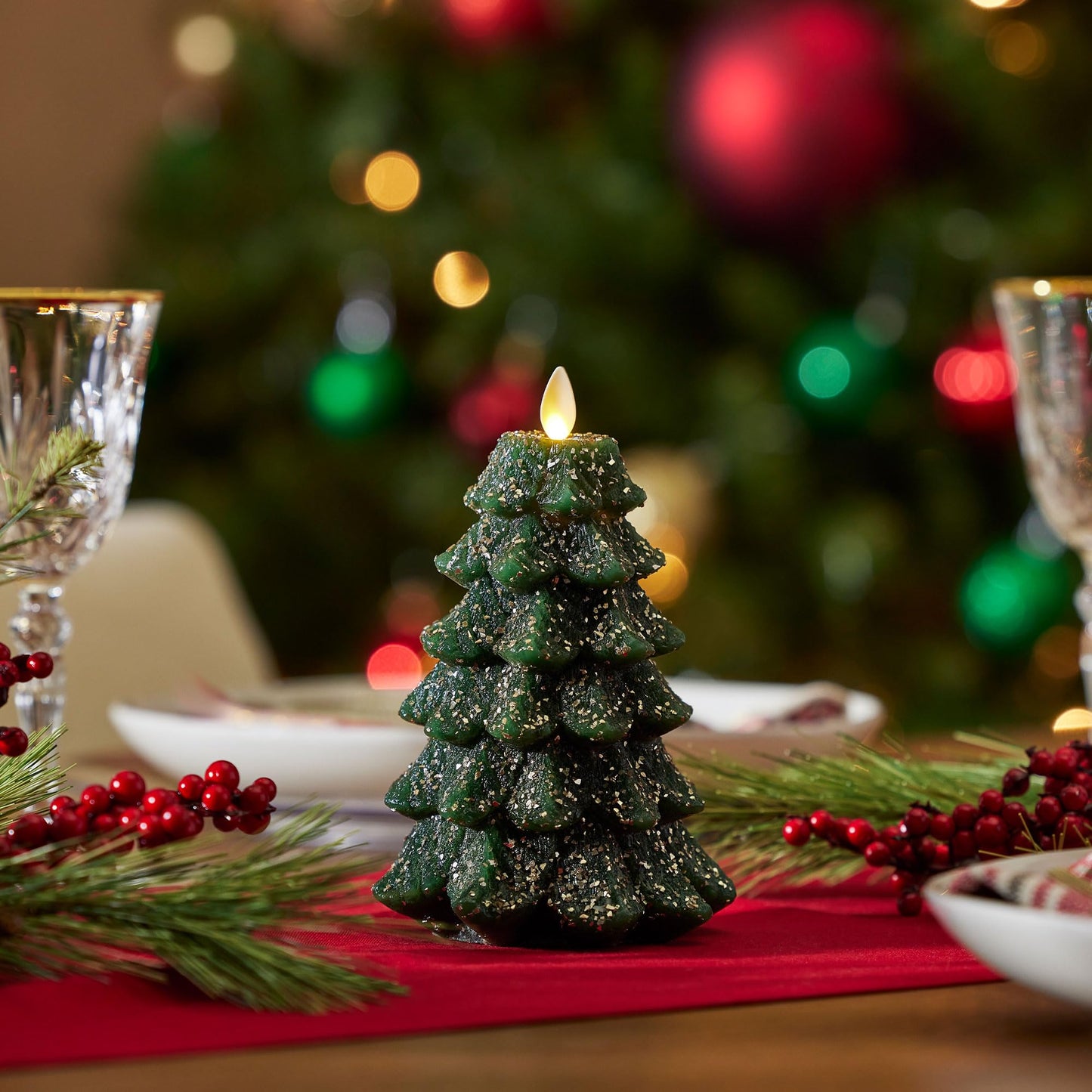 Luminara Christmas Tree Flameless LED Candle, Dark Green 4.7" x 6.5", Moving Flame Battery Operated Timer, Holiday Decor, Glitter Snow Finish Safe