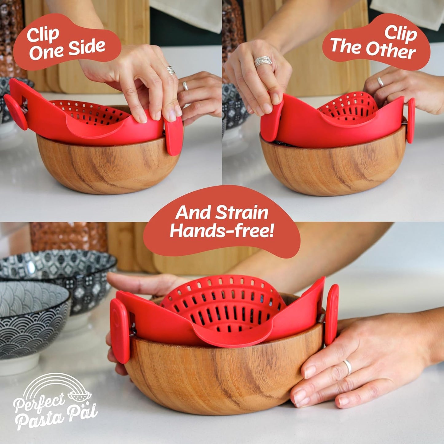 Perfect Pasta Pal Clip-On Strainer - Heat Resistant Silicone Colander for Easy Cooking | Dishwasher Safe