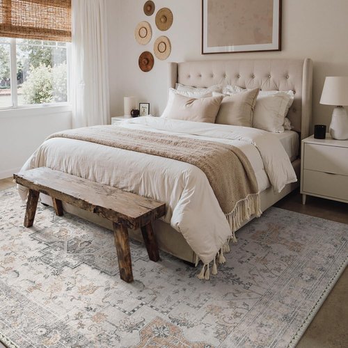 GENIMO 5X7 Area Rug - Machine Washable Non-Slip Vintage Chenille Print for Living Room & Bedroom - Light Taupe Brown