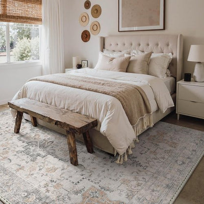 GENIMO 5X7 Area Rug - Machine Washable Non-Slip Vintage Chenille Print for Living Room & Bedroom - Light Taupe Brown