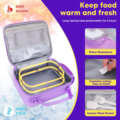 JYPS Bento Box for Kids with Leak-proof Insulated Lunch Bag,BPA Free Kids Lunch Box with 6 Compartment,Salad Container,Utensils,Perfect Lunchbox for Girls and Toddlers Back to School (Purple C)