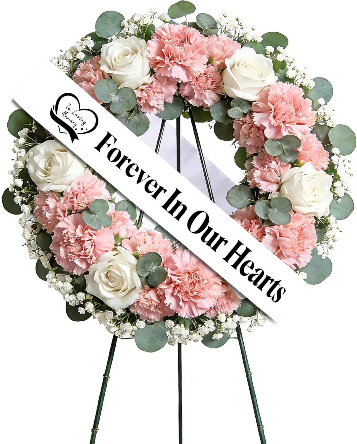 Regine Switzerland Elegant Funeral Wreath Sash - Forever in Our Hearts Memorial Ribbon for Graves & Wreaths (White)