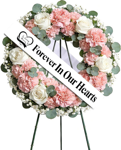 Regine Switzerland Elegant Funeral Wreath Sash - Forever in Our Hearts Memorial Ribbon for Graves & Wreaths (White)