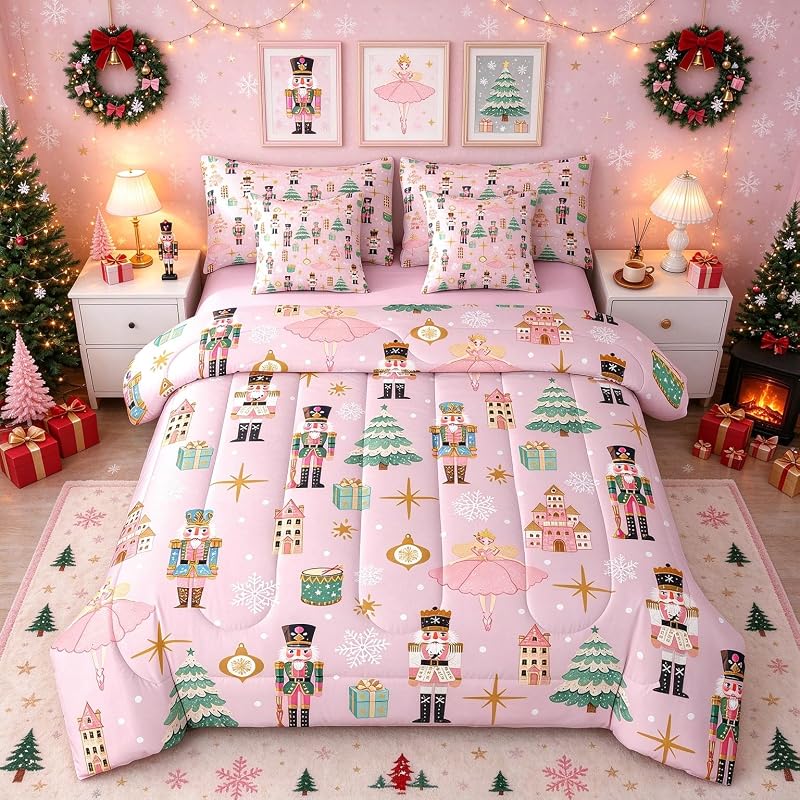 Green & Pink 7-Piece Twin Christmas Comforter Set – Nutcracker Castle Theme Bedding