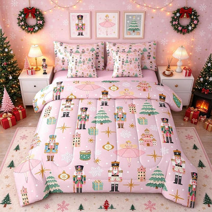 Green & Pink 7-Piece Twin Christmas Comforter Set – Nutcracker Castle Theme Bedding