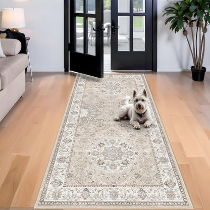 Regine Switzerland Washable 4x8 Hallway Runner Rug - Vintage Soft Non-Slip Carpet for Entryway & Kitchen (Beige)