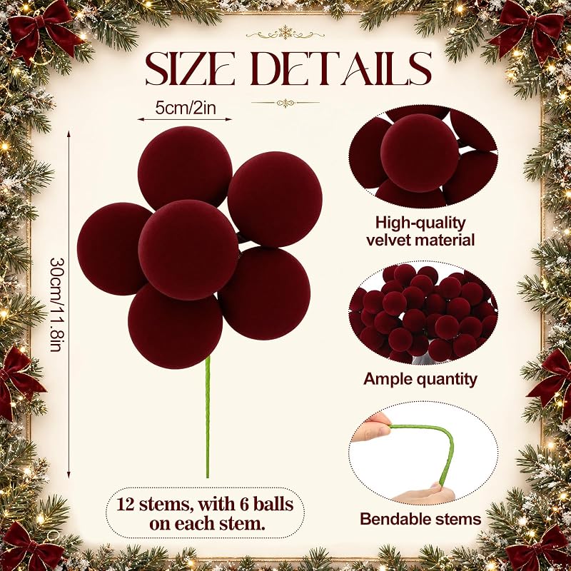 Junkin Burgundy Velvet Christmas Tree Ball Picks, 12 Packs (2-Inch Balls) Variation: Burgundy
