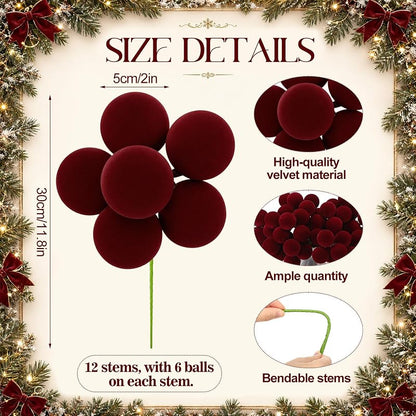 Junkin Burgundy Velvet Christmas Tree Ball Picks, 12 Packs (2-Inch Balls) Variation: Burgundy