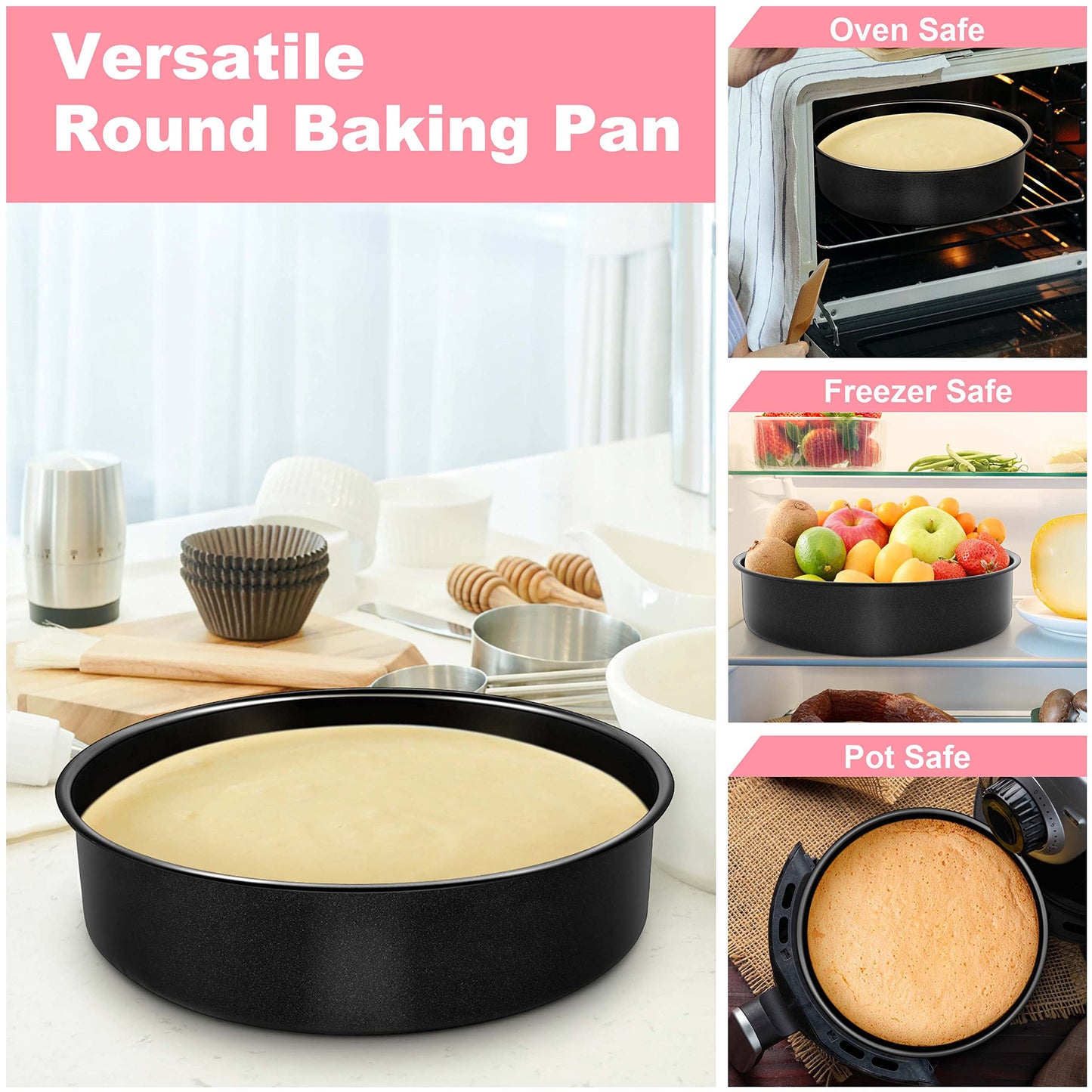 Homikit 8 Inch Cake Pan Set of 3, Stainless Steel Nonstick Round Cake Baking Pan Mold, Large Birthday Wedding Smash Layer Cheesecake Pans for Baking Cake Pizza Pie Tart Quiche, Healthy & Oven Safe