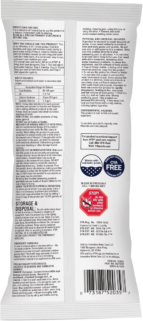 HTH 52035 Swimming Pool Shock - Advanced Cal Hypo Formula for Effective Pool Care | 1 lb