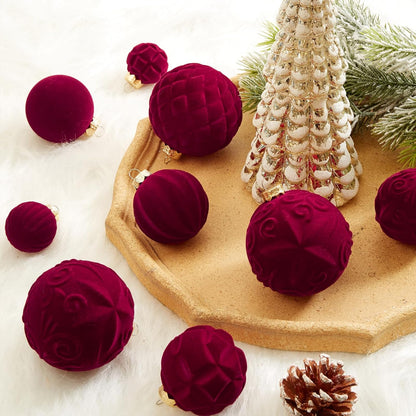 Velvet Christmas Ball Ornaments - 46-Piece Flocked Shatterproof Tree Decoration Set | Burgundy, 3 Sizes