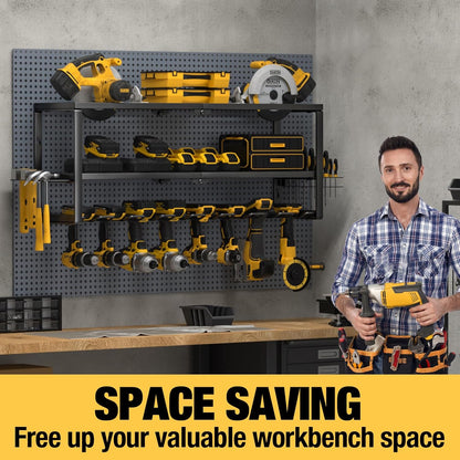 YYR Heavy Duty Power Tool Organizer - Wall Mount Cordless Drill Hanger with Charging Station | 32 Inch, 8 Slots for Garage & Workshop