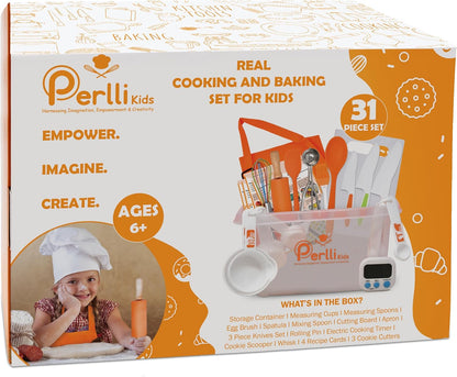 Perlli Kids Cooking Set - 31-Piece Real Utensils Gift for Junior Chefs | Safe Knife Set for Ages 6+ - Orange