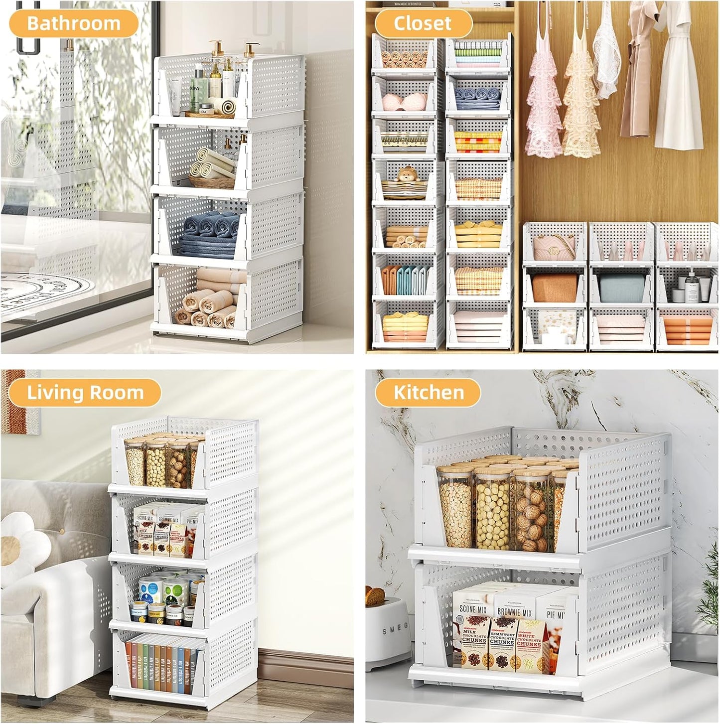 Stackable Plastic Storage Baskets by [Brand Name] - Foldable Closet Organizers for Clothes & Pantry | 5L Size