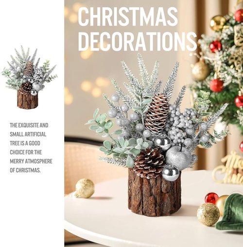 Hatisan Small Christmas Tree - Artificial Pine Cone & Berry Decor | Tabletop Holiday Decoration (Silver-Round)