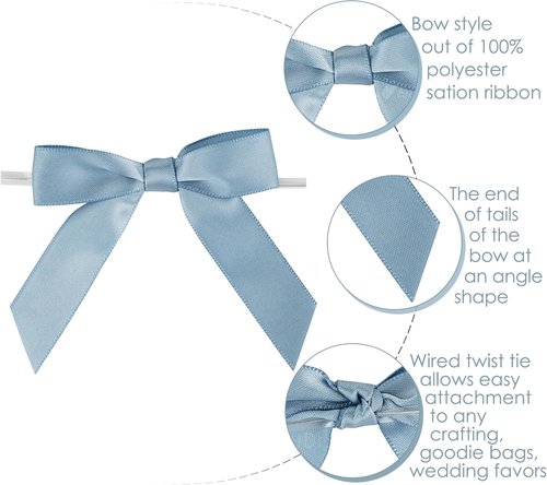 AIMUDI Satin Bows for Gift Wrapping - Dusty Blue Pre-Tied Twist Tie Bows | 50 Count for Weddings & Crafts