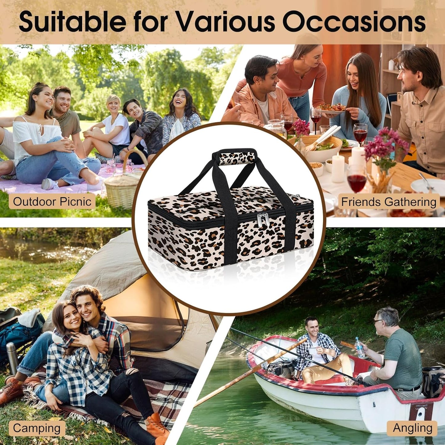 Skiennix Insulated Casserole Carrier - Portable Hot & Cold Food Tote Bag for Potluck | Fits 9" x 13" Dish - Leopard Print