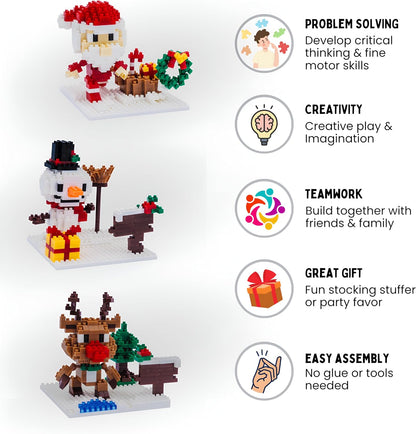 Toysmith Christmas Mini Blocks 3-Pack - Build Santa, Snowman & Reindeer - Holiday STEM Set for Kids 5+