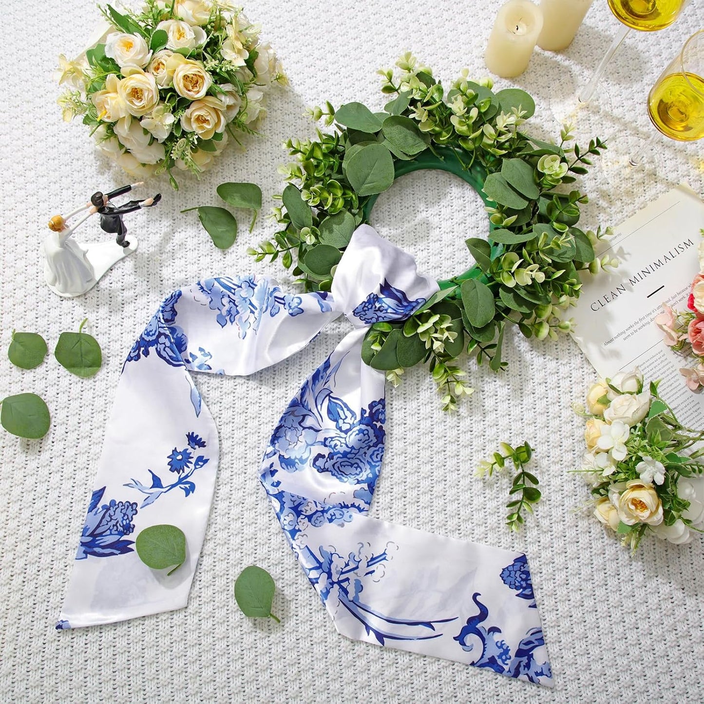 XunYee Wreath Sash Set - 6 Pcs Embroidery Monogram Decor for Indoor/Outdoor Use | Chinoiserie Design