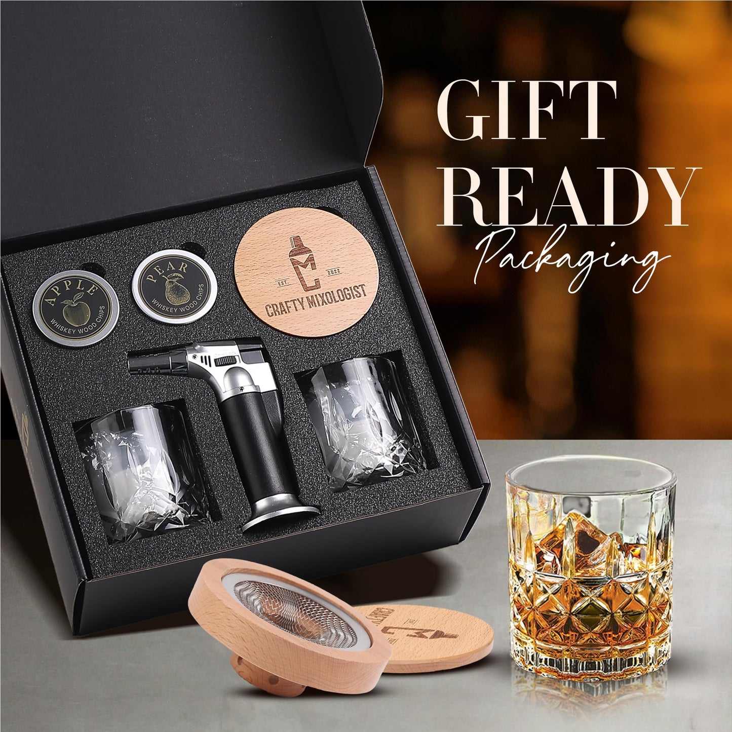 Whiskey Smoker Kit with Torch, Cocktail Smoker Kit, Smoked Old Fashioned Set, Bourbon Whiskey Gifts for Men with Glasses, No Butane Included