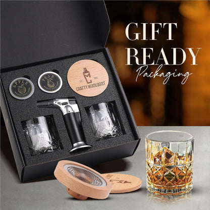 Whiskey Smoker Kit with Torch, Cocktail Smoker Kit, Smoked Old Fashioned Set, Bourbon Whiskey Gifts for Men with Glasses, No Butane Included