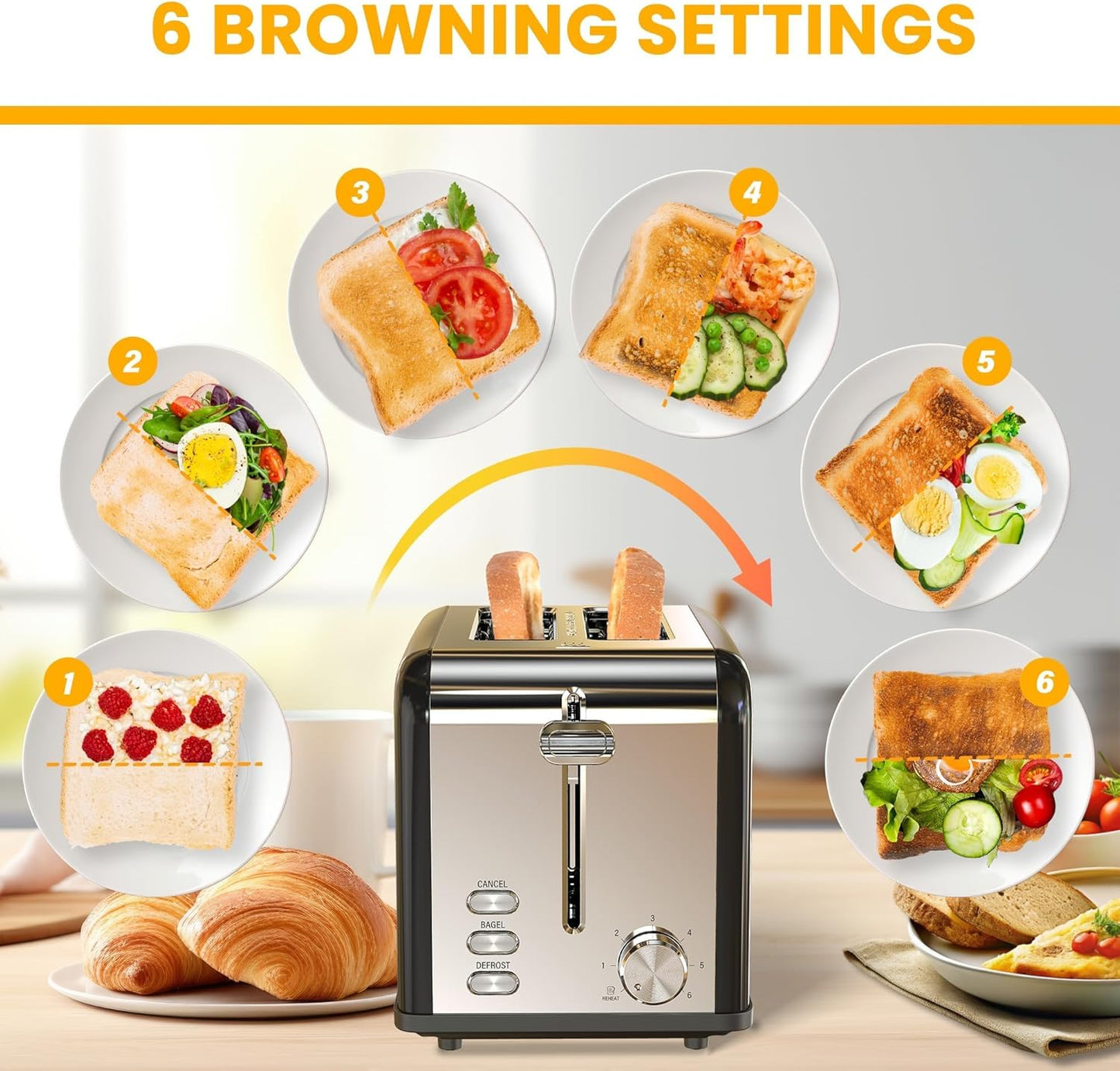Simple Deluxe 2-Slice Toaster - Stainless Steel with 6 Browning Settings & Extra Wide Slot - Black