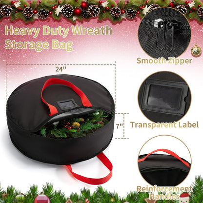 Skiennix Wreath Storage Bag - Heavy-Duty 24" Container for Christmas & Holiday Ornaments - Black