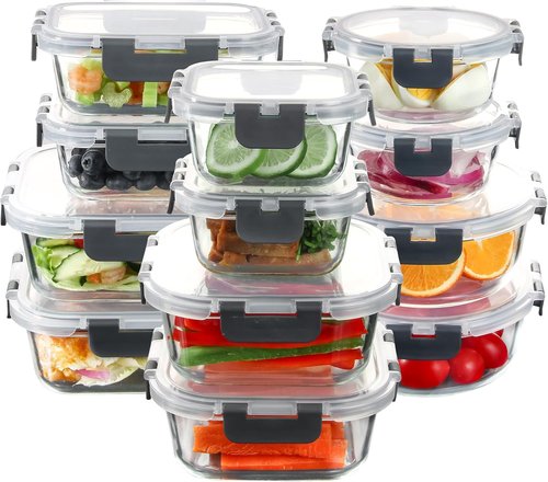 C CREST Glass Food Storage Containers Set - 12 Multi-Size Airtight Locking Lids for Meal Prep & Freshness