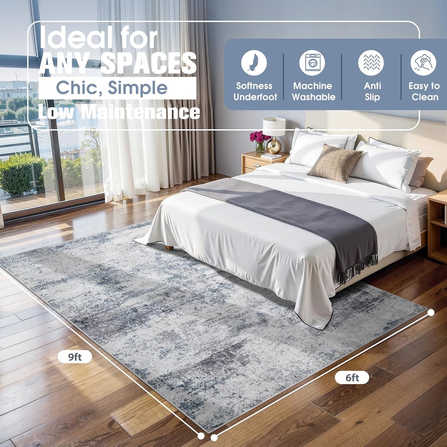 Skiennix 6x9 Area Rug - Washable Abstract Design for Living Room, Dining Room, or Bedroom - Non-Slip Blue Grey