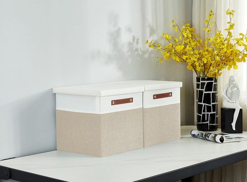 DECOMOMO Storage Basket - Fabric Box with Lid & Handles | Beige and White, 11” | 3 Pack