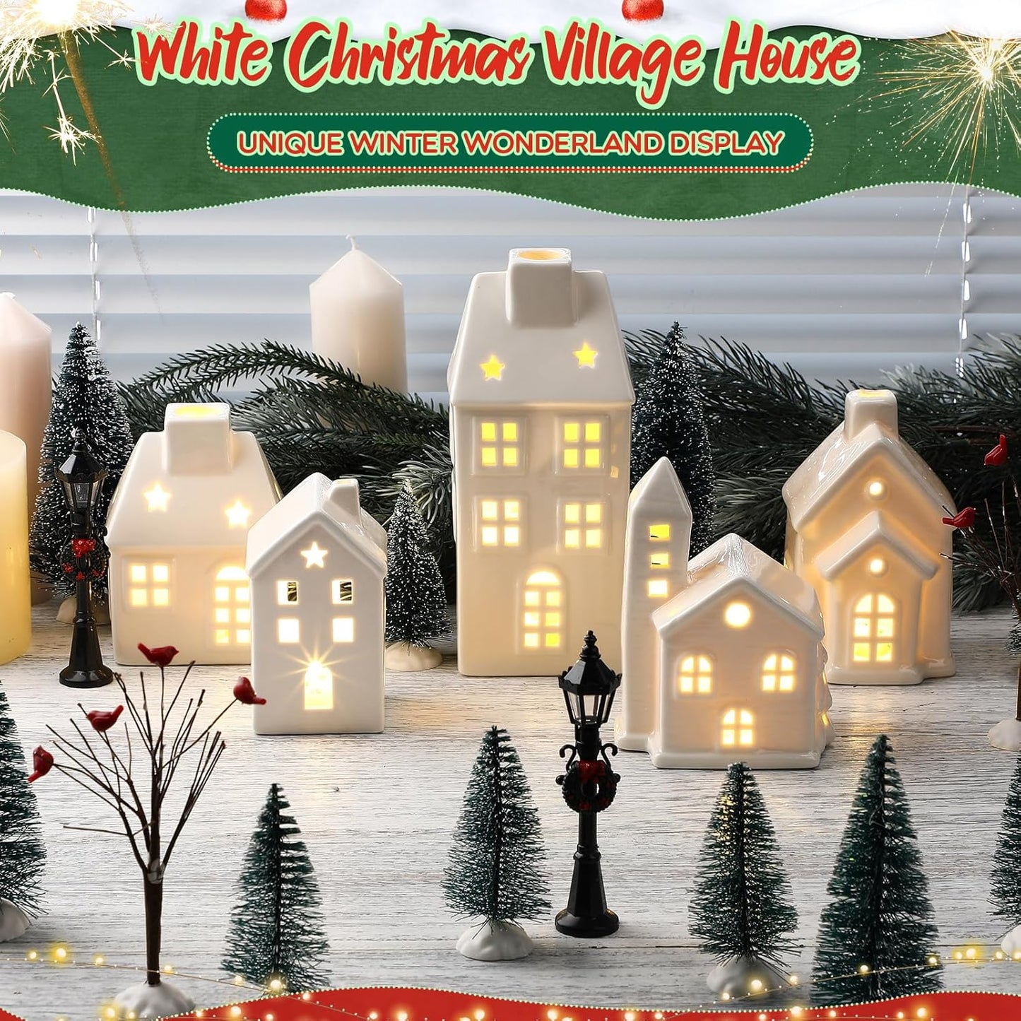 WinnerWhy 24-Piece LED Lighted Christmas Village Set - Mini Ceramic Houses & Streetlights for Festive Decor