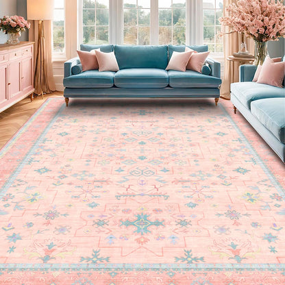 Oushak Rugs | Washable Pink & Blue 9x12 Living Room Rug | Modern Floral Design, Soft Faux Wool