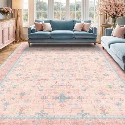 Washable Pink and Blue 6x9 Oushak Rugs for Bedroom Girls, Living Room Kids Playroom Nursery Room, Modern Floral Distressed Design, Soft Faux Wool Low Pile Non Slip Stain Resistance Carpet