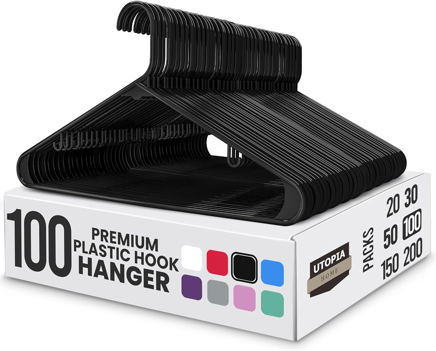 Utopia Home Plastic Hangers - Durable Space-Saving Closet Organizers | 100 Pack in Black for Shirts, Pants & Coats