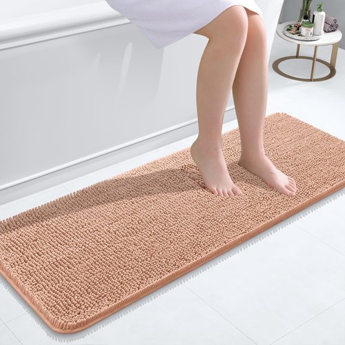 OLANLY Bathroom Rugs 47x17, Extra Soft Absorbent Chenille Bath Rugs, Rubber Backing Quick Dry, Machine Washable Bath Mats for Bathroom Floor, Tub and Shower, Home Decor Accessories, Peach