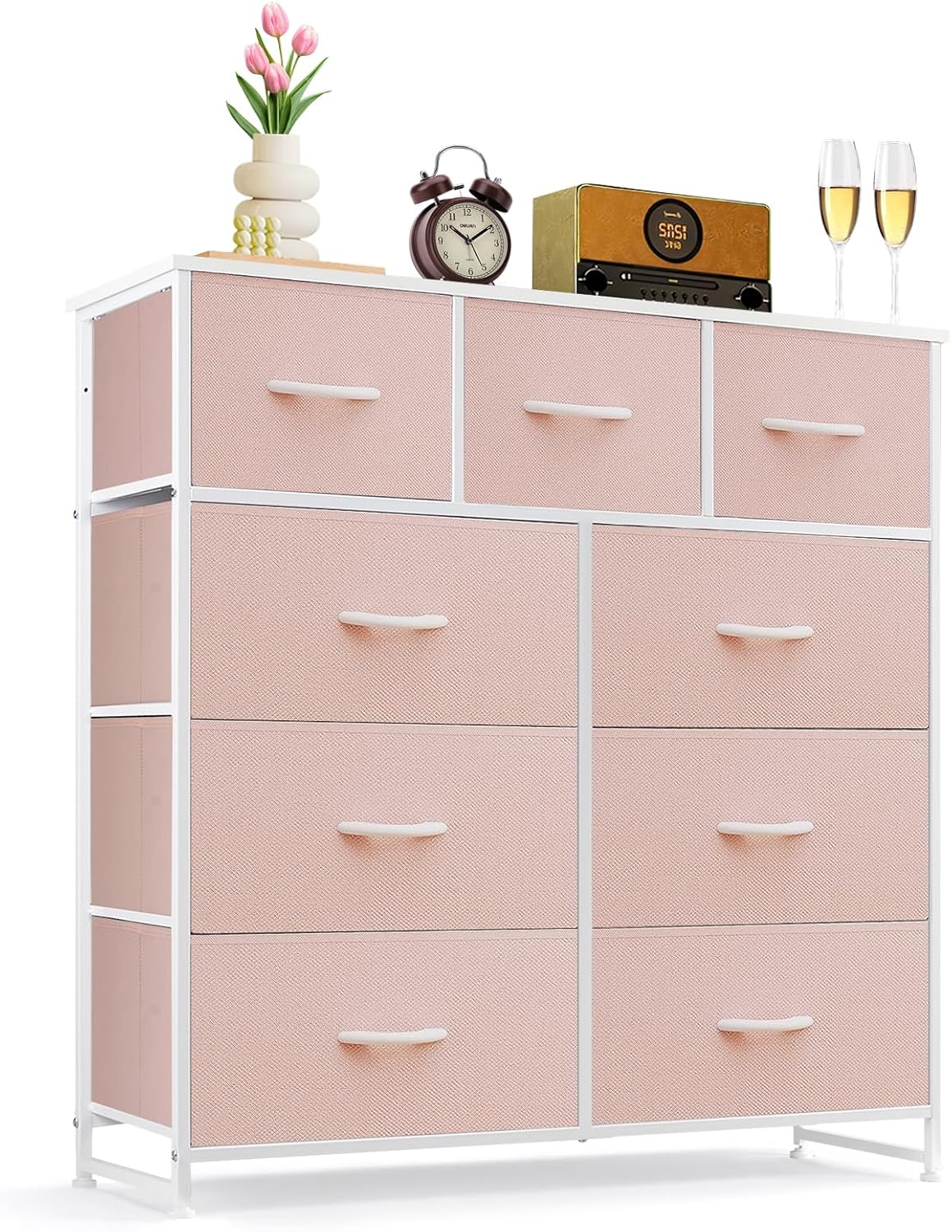 Regine Switzerland 9-Drawer Dresser - Anti-Tip Tall Storage Organizer with Wooden Top & Metal Frame | Pink