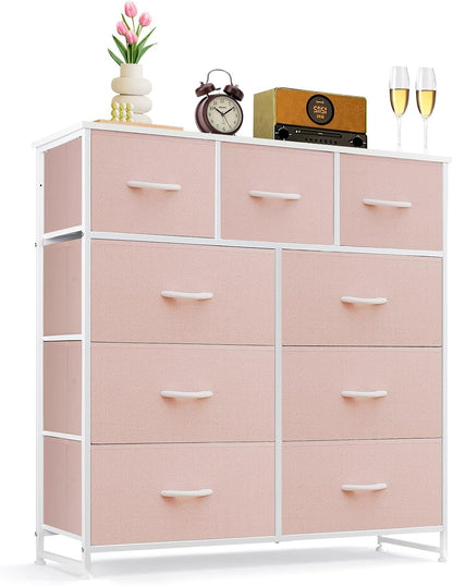 Regine Switzerland 9-Drawer Dresser - Anti-Tip Tall Storage Organizer with Wooden Top & Metal Frame | Pink