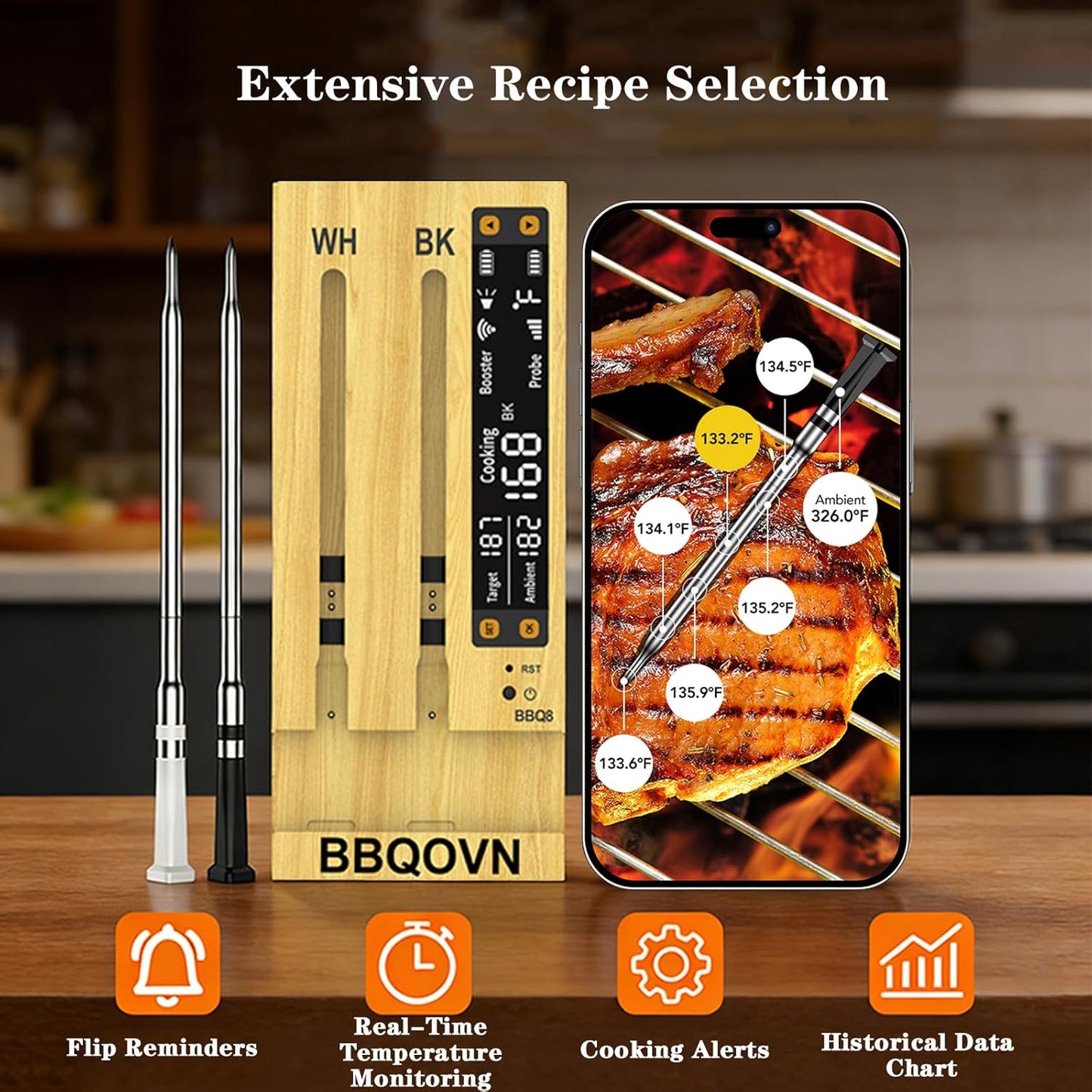 BBQOVN Wireless Meat Thermometer - Unlimited Range, Dual Probes & NIST Certified Sensors | Smart App for BBQ & Grill