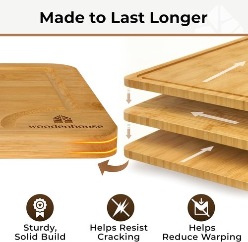 Bamboo Cutting Board Set - Thick, Durable Boards with Juice Grooves & Handles | Easy to Clean, Large Surface (Set of 3)