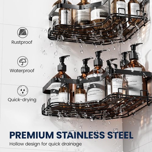 MAXIFFE Corner Shower Caddy - Large Capacity Stainless Steel Organizer with Soap Holder | No Drilling, Black