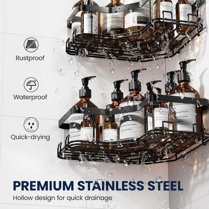 MAXIFFE Corner Shower Caddy - Large Capacity Stainless Steel Organizer with Soap Holder | No Drilling, Black