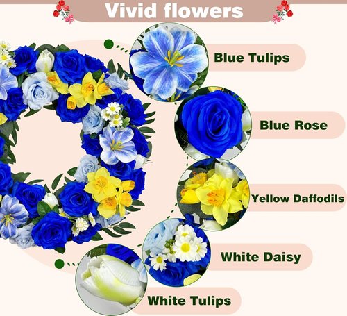 Grave Decoration Cemetery Wreath - 30 Inch Headstone Floral Arrangement with Blue Roses, Tulips & Daffodils