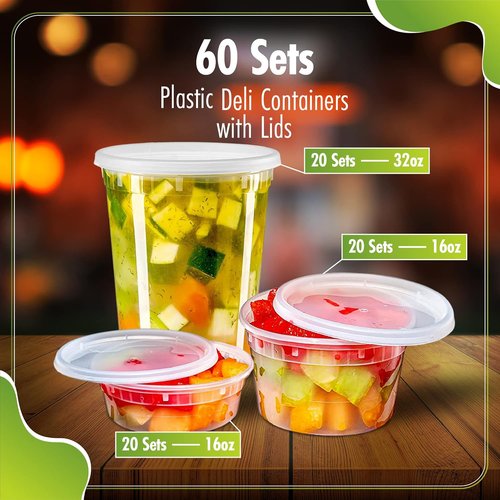 Deli Containers | Leakproof Lids - 60 Sets of BPA-Free Plastic Food Storage (8oz, 16oz, 32oz)