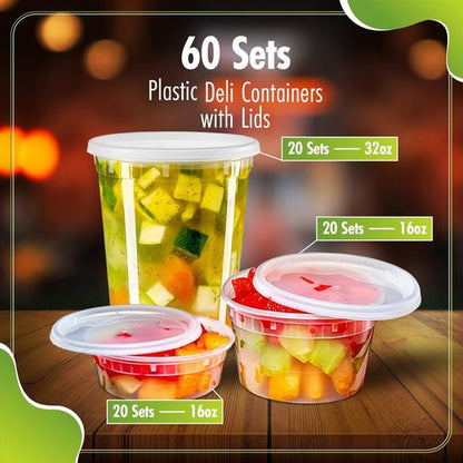 Deli Containers | Leakproof Lids - 60 Sets of BPA-Free Plastic Food Storage (8oz, 16oz, 32oz)